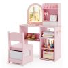 2-in-1 Kids Vanity & Writing Desk Set - LED Lighted Shatterproof Mirror (3 Color Modes), Pink