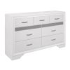 Modern Glam Dresser of 7 Drawers White and Silver Glitter Hidden Jewelry Drawers Ball Bearing Glides Modern Wooden Bedroom Furniture