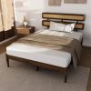 Dark walnut wood painted finish + rattan and pine wood double headboard full size wooden bed, Bohemian style