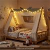 Twin Size Montessori House Floor Bed with Removable Canopy Tent, Solid Wood Kids Bed with Guardrails - Natural