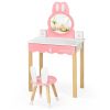Kids Rabbit Vanity Table Set with Removable Shatter-Proof Mirror, Pink & White Makeup Desk with Drawer and Chair for Girls