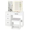 White Vanity Desk and Stool Set with Sliding Mirror & 3-Mode LED Light Strip, Anti-Toppling Dressing Table with Ample Storage