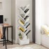 White Tree-Shaped Bookshelf, 10 Open Shelves & Foldable Fabric Drawer, Space-Saving Corner Design