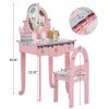 Kids Vanity Table and Chair Set with 7pcs Pretend Play Makeup Toys, Girls Vanity with Mirror & Stool, 3 Drawers & Tabletop Storage