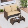 Outdoor Patio Furniture Set, PE Rattan Loveseat + 2 Ottomans Removable Cushions Metal Frame