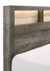 1pc King Size Platform Storage Bed Low-profile Plank-style Headboard Built-in Lighting Modern Farmhouse Style Gray Beige