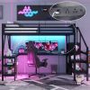 Metal Queen Loft Bed with Wardrobe and LED Light, Queen Size Loft Bed with L Shaped Desk and USB for Kids Teens Adults, Black(Old SKU W2593S00043