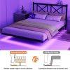 Queen Size Floating Bed Frame with Headboard and Storage, Full Size Platform Bed Frame with USB Charging Station and LED Lights