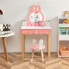 Kids Rabbit Vanity Table Set with Removable Shatter-Proof Mirror, Pink & White Makeup Desk with Drawer and Chair for Girls