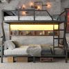 Queen over Queen Bunk Bed, Metal Bunk Bed with Storage Shelves and Lights, Space-saving & Noise-free Design, Black