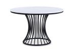 5pc Dining Set Contemporary Modern Style White Faux Marble Round Table Cage Like Base White Fabric Upholstery Dining Wooden Furniture Black Finish