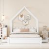 Wood Queen Size House Platform Bed with Guardrail and 2 Drawers, White