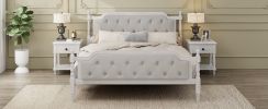 Traditional Style Solid Wood Bed Frame with Upholstered Tufted Headboard,No Box Spring Needed,King Size, Antique White