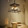 (Same as W1340111202/L1008) 16" Walnut Industrial 4-Light Pendant Chandelier, Modern Metal Cage Design, Adjustable Hanging Light for Dining Room
