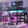Metal Queen Loft Bed with Wardrobe and LED Light, Queen Size Loft Bed with L Shaped Desk and USB for Kids Teens Adults, Black(Old SKU W2593S00043