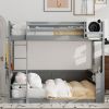 Queen Size Wooden Bunk Bed with Built-in Shelves,Storage Box,LED Light and USB Charging Station,Grey(ETA:6/30)