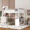 Queen Size Loft Bed with Desk,Open Shelf and a Storage Box,USB Charging Station,White