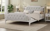 Traditional Style Solid Wood Bed Frame with Upholstered Tufted Headboard,No Box Spring Needed,King Size, Antique White