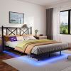 Queen Size Floating Bed Frame with Headboard and Storage, Full Size Platform Bed Frame with USB Charging Station and LED Lights