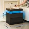 Nightstand LED Bedside Table Cabinet Lights Modern End Side with 2 Drawers for Bedroom (Black Woodgrain)