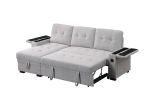Ashlyn II 84"W Gray Woven Fabric Reversible Sleeper Sectional Sofa with Storage Chaise, Storage Arm, Cup Holder, Charging Ports, Side Pockets