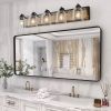 40" Farmhouse Vanity Light Fixture, 5-Light Bathroom Wall Sconce with Clear Seeded Glass Shades, Black and Wood Grain Finish