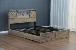 Farmhouse Bed Frame Queen Size with LED Lights and Charging Station, Wooden Queen Bed with 2 Storage Drawers