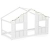 Twin-Size Kids House White Floor Bed- 82"x42"x51" Size, LED Light Strip (8 Warm-Glow Bulbs) for Cozy Atmosphere