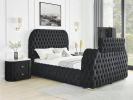 Luxurious King Size 3pc Bed Set Comfort Innovative Design Bed Deeply Tufted Headboard Upholstered Black Velvet Television Lift Built-in Electric Firep