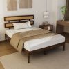 Dark walnut wood painted finish + rattan and pine wood double headboard full size wooden bed, Bohemian style