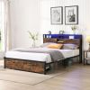 King Size Metal Platform Bed Frame with Wooden Headboard and with Footboard USB,Charging Station,2 Drawers,storage, LED Lights, No Box Spring Needed