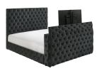 1pc Luxurious King Size Bed Deeply Tufted Headboard Nail Head Trim Upholstered Black Velvet Footboard Integrated Television Lift Mechanism Storage Fur