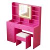 Barbie pink particle board, tempered glass top, linen-finished triamcinol finish, 5-drawer dressing table set with shelves and hooks, power strip