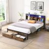 King Size Metal Platform Bed Frame with Wooden Headboard and with Footboard USB,Charging Station,2 Drawers,storage, LED Lights, No Box Spring Needed