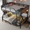 Queen over Queen Bunk Bed, Metal Bunk Bed with Storage Shelves and Lights, Space-saving & Noise-free Design, Black