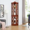 Corner Curio Cabinet with Lights, Adjustable Tempered Glass Shelves, Mirrored Back, Display Cabinet,Walnut(E26 light bulb not included)