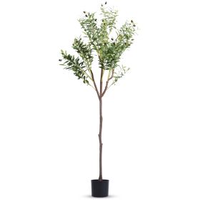 1Pc 5.9FT Artificial Olive Tree Tall Fake Olive Plant Faux Potted Olive Tree With Lush Olive Branches And Fruits With Black Planter Pot For Moder (Color: Green)