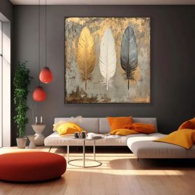 Abstract Golden Feather Oil Painting on Canvas Original White Feather painting Large Wall Art,Custom Modern painting Living Room Decor Gift (Style: 01, size: 80x80cm)