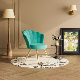 Velvet Accent Chair with Gold Metal Legs, Vanity Chair for Makeup Room, Upholstered Guest Chair for Living Room, Side Chair for Bedroom (Color: Cyan)