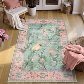 Botanical Birds 5x7 Washable Living Room Rug, Boho Green Bedroom Dining Room Rugs for Under Table (Color: Pink)