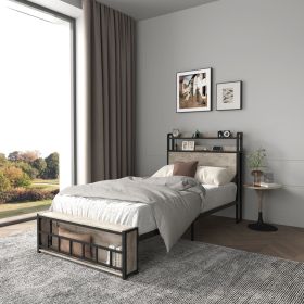 Twin Bed Frames , Headboard and Charging Station & LED Light for Bedroom, Solid and Stable, Noise Free, No Box Spring Needed, Easy Assembly (Color: as Pic)