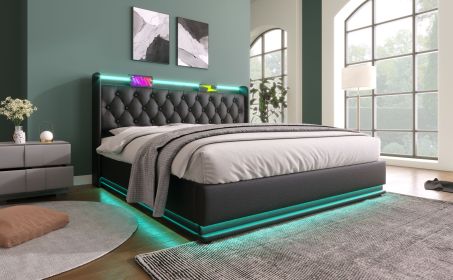 Queen size Upholstered bed, 360 surround LED function, Buttons/Apps/Remote Control, hydraulic storage bed with USB Type-C charging, Black (Color: as Pic)