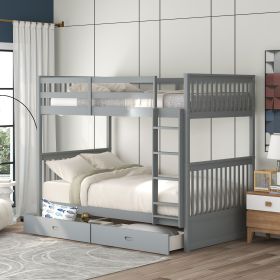 Twin-Over-Twin Bunk Bed with Ladders and Two Storage (Color: Gray)