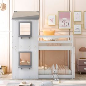 Twin Over Twin Bunk Bed Wood Bed with Roof;  Window;  Guardrail;  Ladder (Color: White+gray)