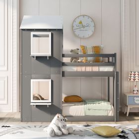 Twin Over Twin Bunk Bed Wood Bed with Roof;  Window;  Guardrail;  Ladder (Color: Grey+White)