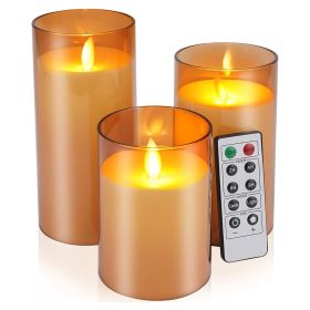 3Packs Flameless Candles Battery Operated Pillar Real Wax LED Glass Candle Warm White with Remote Control Timer (Color: Yellow)