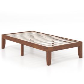 14 Inch Twin Size Rubber Wood Platform Bed Frame with Wood Slat Support (Color: Walnut)