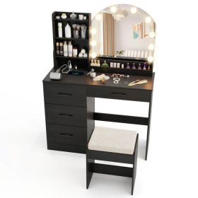 Makeup Vanity Desk Dressing Table and Stool Set with Mirror and Lights (Color: Black)
