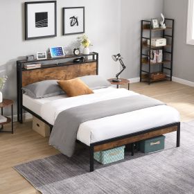 Full Size Metal Platform Bed Frame with Wooden Headboard and Footboard with USB LINER, No Box Spring Needed, Large Under Bed Storage, Easy Assemble (size: Full)