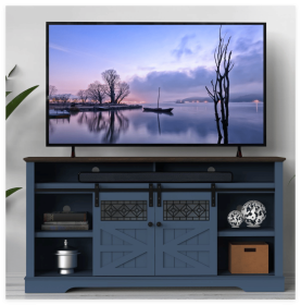 Farmhouse TV Stand with Sliding Barn Door & Drawer, 75" Rustic Entertainment Center for TVs up to 75", Buffet Storage Cabinet for Living Room (Color: Blue)